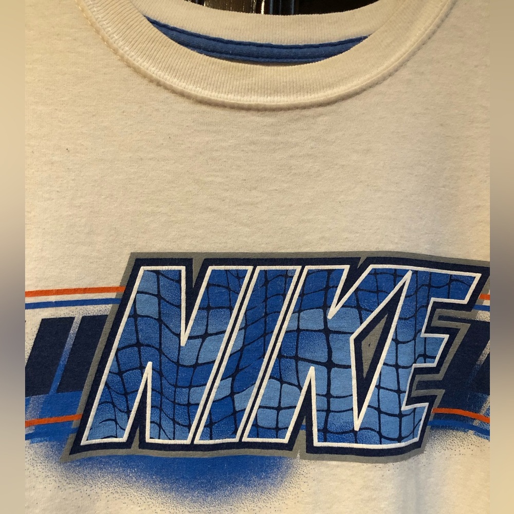 Nike White T-Shirt with Blue Neck Trim and Blue and orange trim Nike Logo - Picture 2 of 10